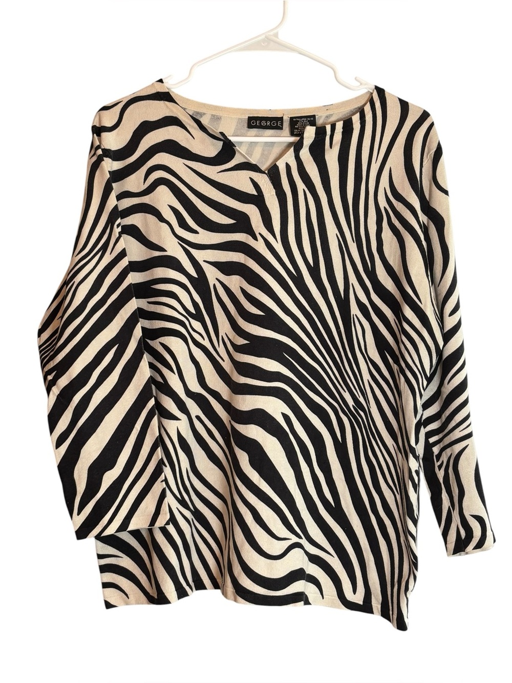 George XL Zebra Print Silk Blend Top 3/4 Sleeve Animal Print Blouse